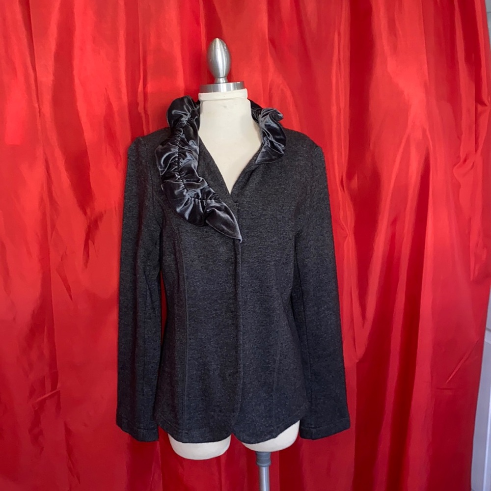 Soft Surroundings NWOT! Gray Velvet Ruffle Collar Cardigan Sweater Jacket Sz S